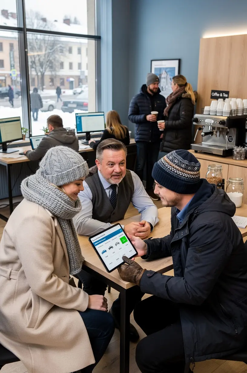 Talverehvidega varustatud auto peatub kindlustusmaakleri juures