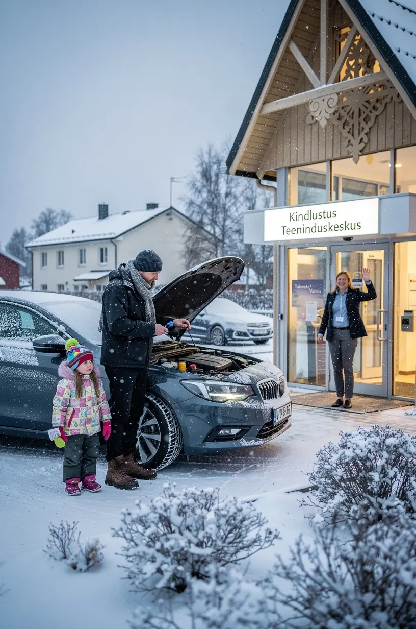 Autojuht kontrollib kindlustuskaarti külma ja lumerohke ilmaga