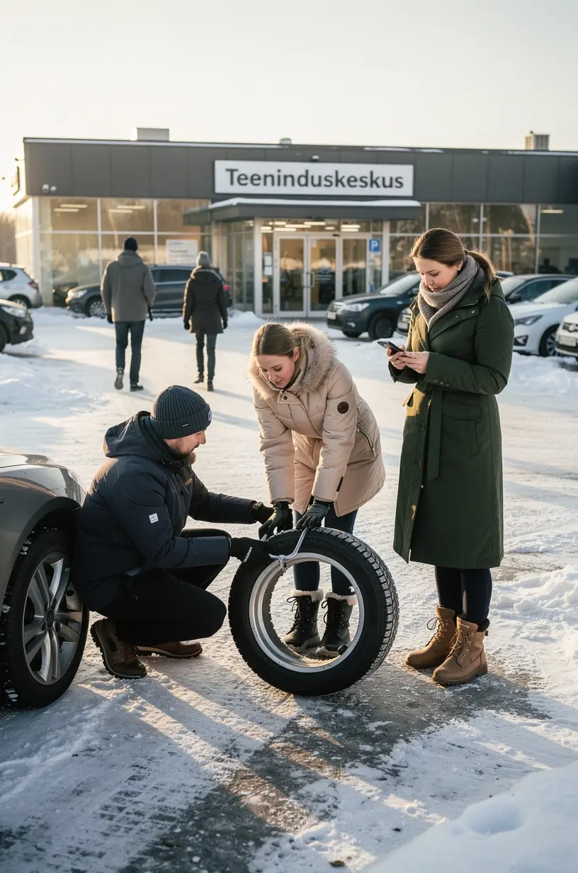 Talvine auto kindlustus Eesti maanteel lumise taustaga